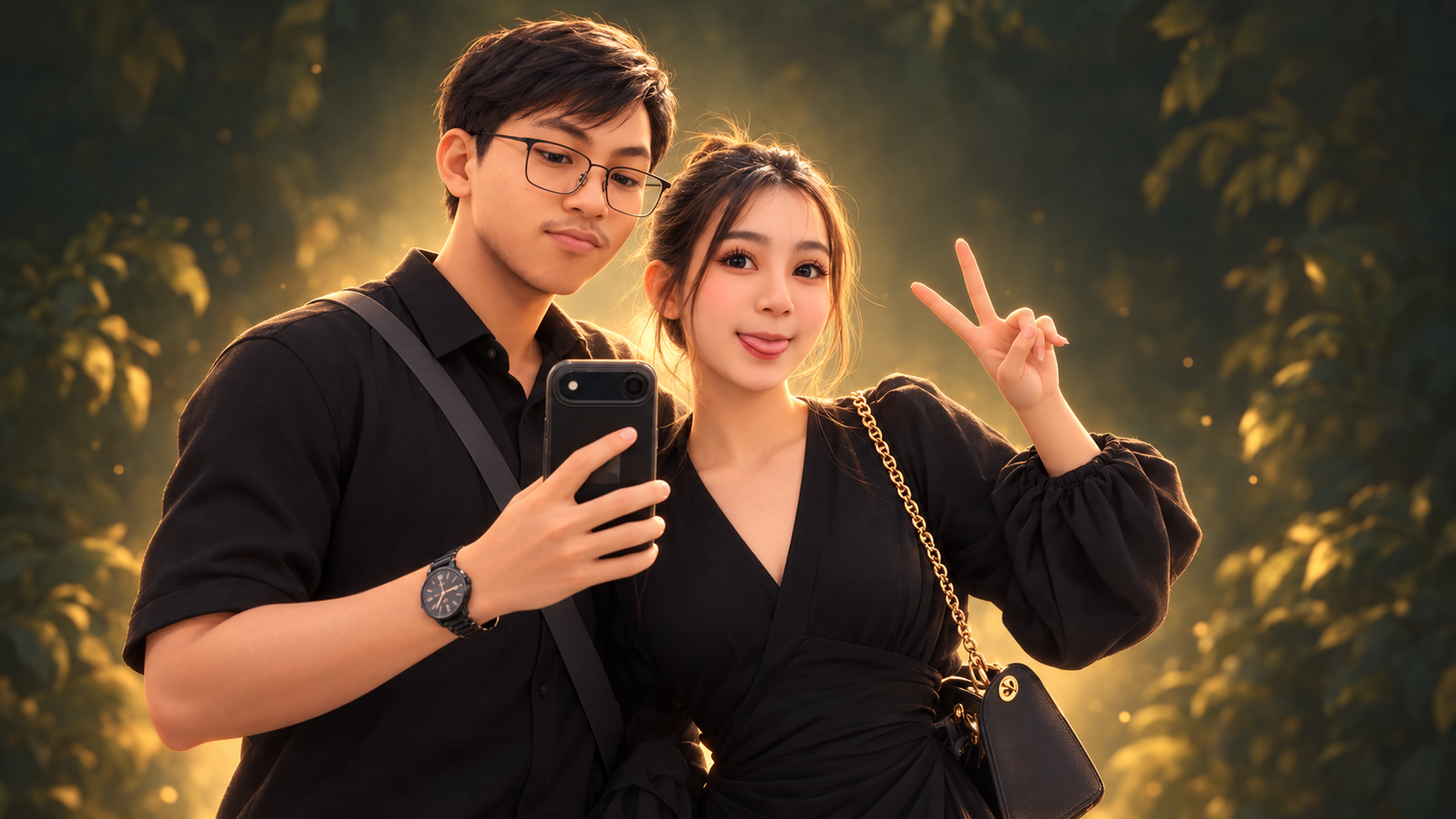 Cozy illustrated characters of Hein and Claraa, wearing black and posing together with a peace sign